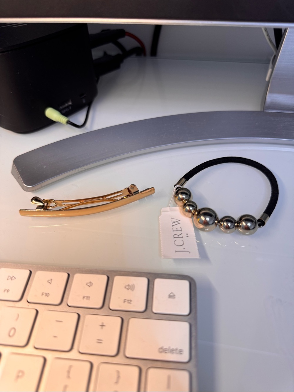 J. Crew Gold Bar Clip and Black Elastic with Gold Beads